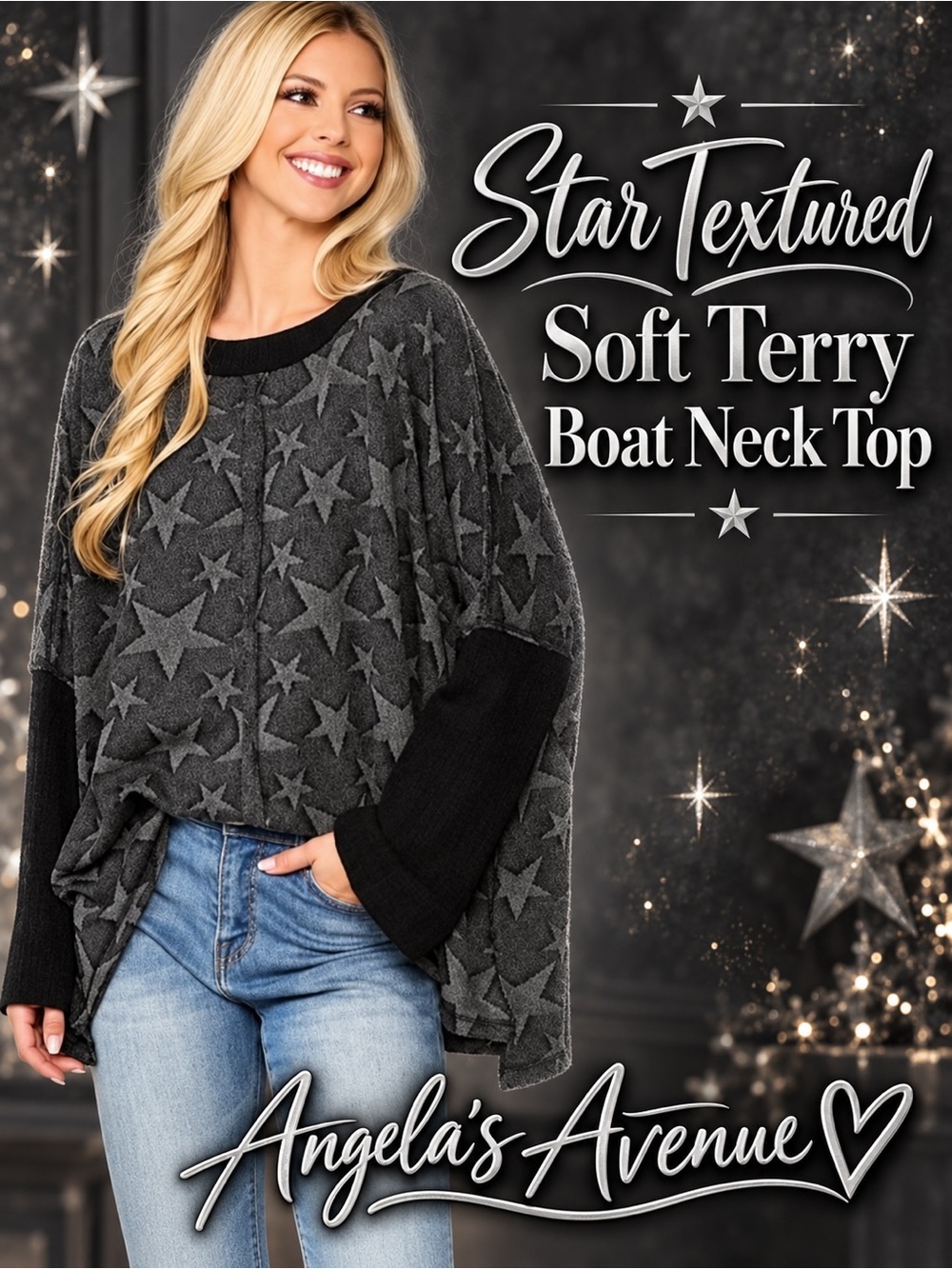 Star Textured Soft Terry Boat Neck Top NEW